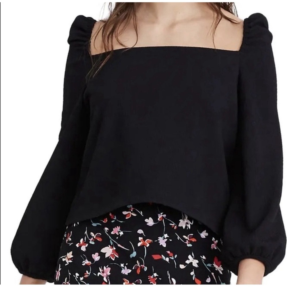 Madewell Crepe Square-Neck Puff-Sleeve Top Size XS Black Minimalist Capsule NEW‎